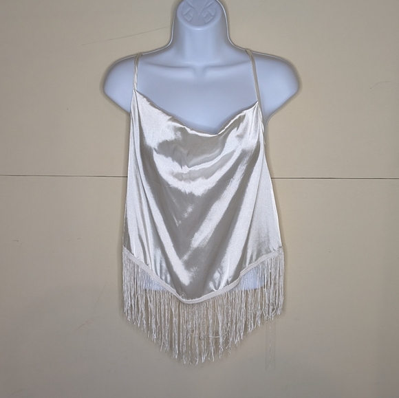 SHEIN Tops - SHEIN Satin Crop Top with Fringe and Draped Neckline